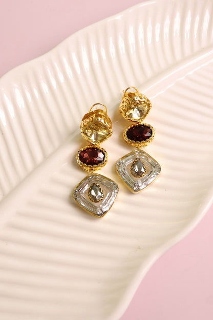 Gold Finish Wine & Gold Stone Dangler Earrings