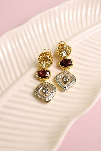 Gold Finish Wine & Gold Stone Dangler Earrings