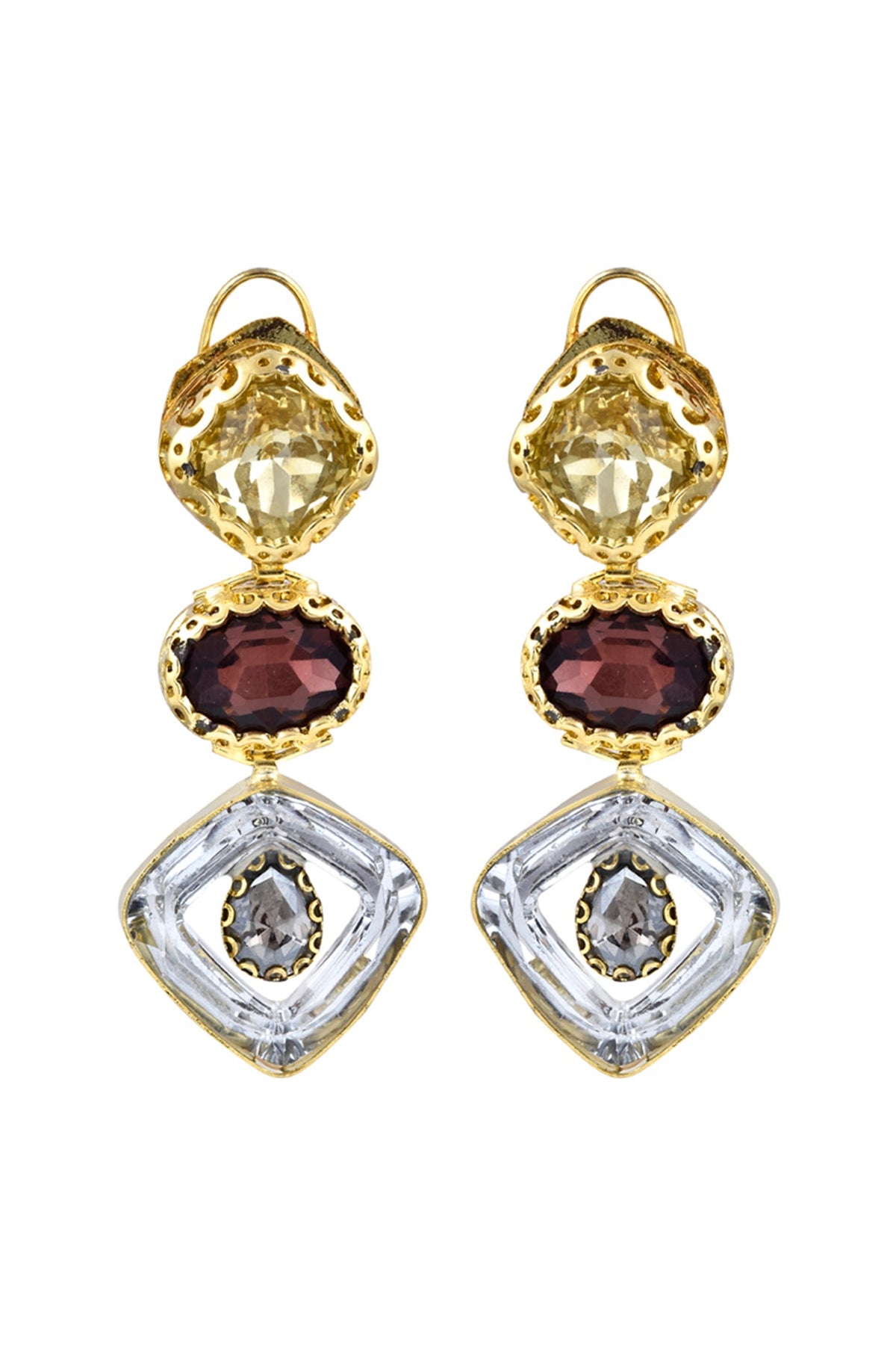 Gold Finish Wine & Gold Stone Dangler Earrings