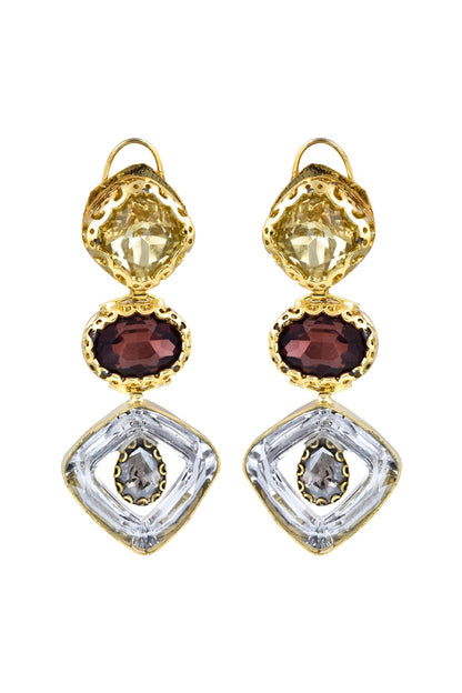 Gold Finish Wine & Gold Stone Dangler Earrings