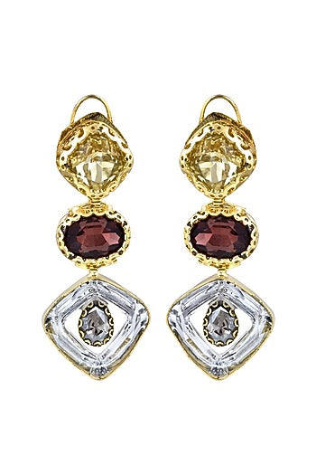Gold Finish Wine & Gold Stone Dangler Earrings