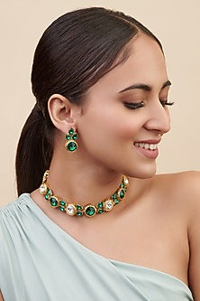 Gold Finish Green Crystal Choker Necklace Set