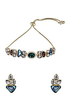 Gold Finish Multi-Colored Crystal Necklace Set
