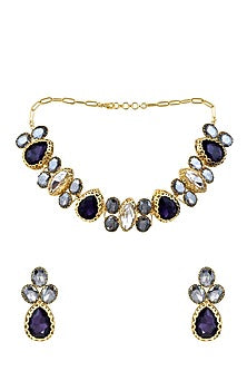 Gold Finish Purple & White Crystal Necklace Set