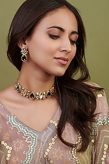 Gold Finish Purple & White Crystal Necklace Set
