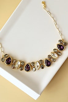 Gold Finish Purple & White Crystal Necklace Set