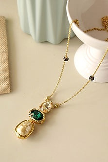 Gold Plated Baroque Pearl & Green Crystal Long Necklace