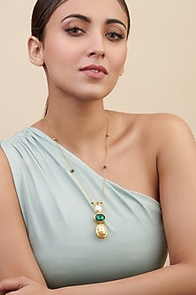 Gold Plated Baroque Pearl & Green Crystal Long Necklace