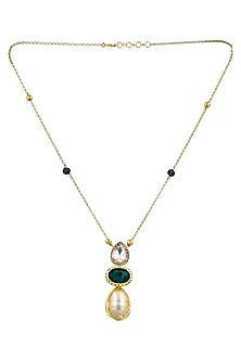Gold Plated Baroque Pearl & Green Crystal Long Necklace