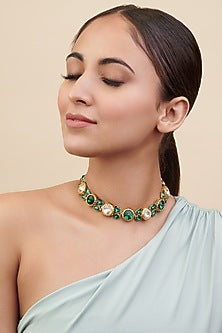 Gold Finish Green & White Crystal Choker Necklace