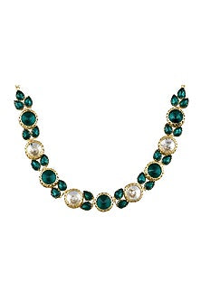 Gold Finish Green & White Crystal Choker Necklace