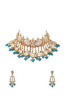Gold Finish Kundan Polki Handcrafted Necklace Set
