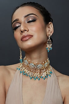 Gold Finish Kundan Polki Handcrafted Necklace Set