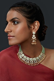 Gold Finish Handcrafted Necklace Set With Kundan Polki