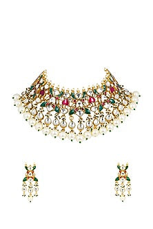 Gold Finish Necklace Set With Kundan Polki
