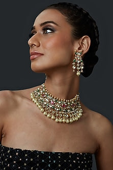 Gold Finish Necklace Set With Kundan Polki