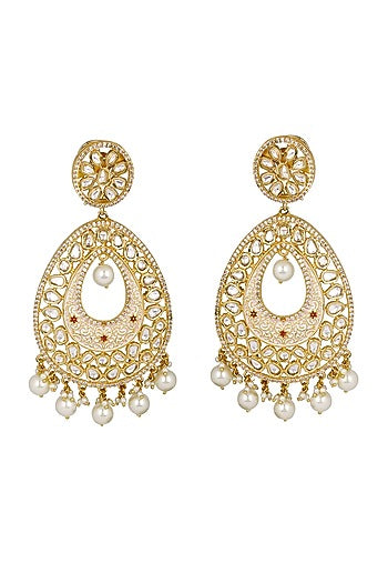 Gold Finish Kundan Polki Handcrafted Chandbali Earrings