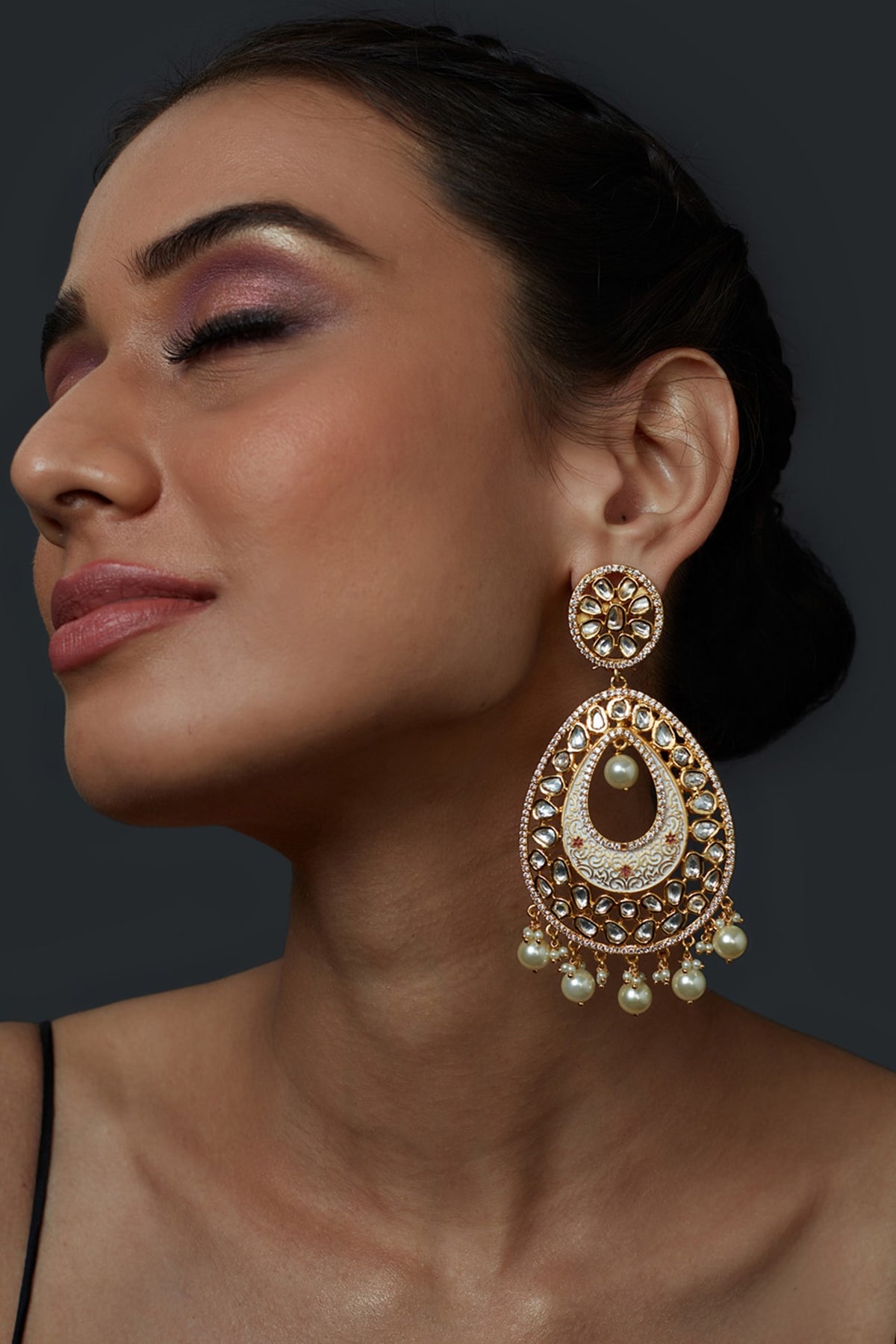 Gold Finish Kundan Polki Handcrafted Chandbali Earrings