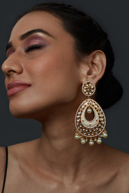 Gold Finish Kundan Polki Handcrafted Chandbali Earrings