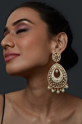 Gold Finish Kundan Polki Handcrafted Chandbali Earrings