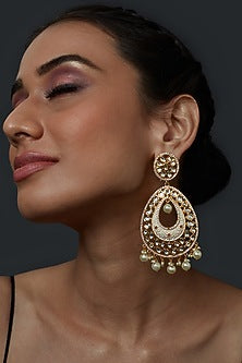 Gold Finish Kundan Polki Handcrafted Chandbali Earrings