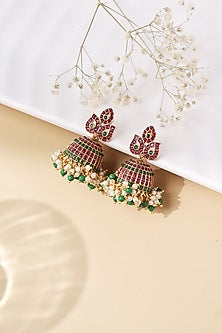 Gold Plated Ruby & Emerald Leaf Jhumka Earrings