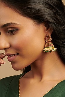 Gold Plated Ruby & Emerald Leaf Jhumka Earrings