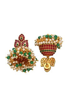 Gold Plated Ruby & Emerald Leaf Jhumka Earrings