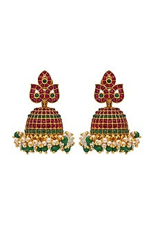 Gold Plated Ruby & Emerald Leaf Jhumka Earrings