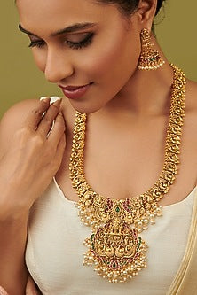 Gold Plated Laxmi Temple Long Necklace Set