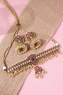 Gold Plated Ruby & Emerald Temple Choker Necklace Set