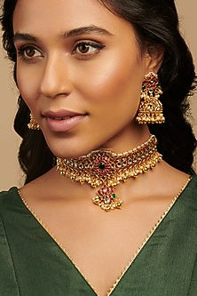 Gold Plated Ruby & Emerald Temple Choker Necklace Set