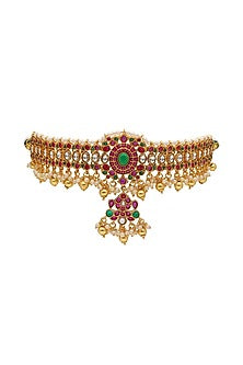 Gold Plated Ruby & Emerald Temple Choker Necklace Set