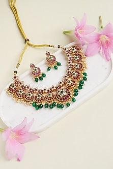 Gold Plated Ruby & Emerald Temple Necklace Set
