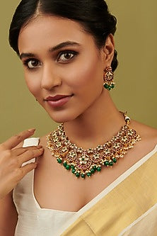 Gold Plated Ruby & Emerald Temple Necklace Set