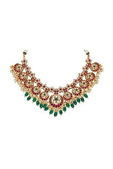 Gold Plated Ruby & Emerald Temple Necklace Set