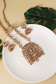 Gold Plated Kundan Polki Long Temple Necklace Set