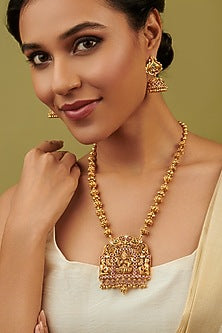 Gold Plated Kundan Polki Long Temple Necklace Set
