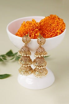 Gold Plated Kundan Polki Temple Jhumka Earrings
