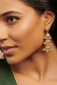 Gold Plated Kundan Polki Temple Jhumka Earrings