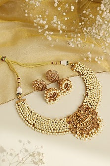 Gold Plated Kundan Polki & Pearl Temple Laxmi Necklace Set