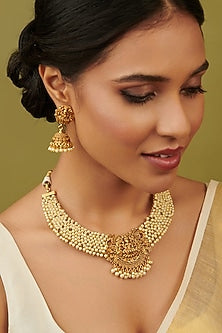 Gold Plated Kundan Polki & Pearl Temple Laxmi Necklace Set