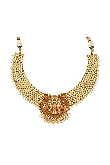 Gold Plated Kundan Polki & Pearl Temple Laxmi Necklace Set