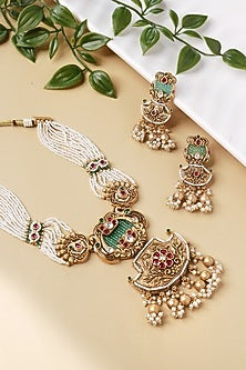 Gold Plated Kundan Polki & Pearl Temple Necklace Set