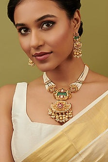 Gold Plated Kundan Polki & Pearl Temple Necklace Set
