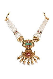 Gold Plated Kundan Polki & Pearl Temple Necklace Set