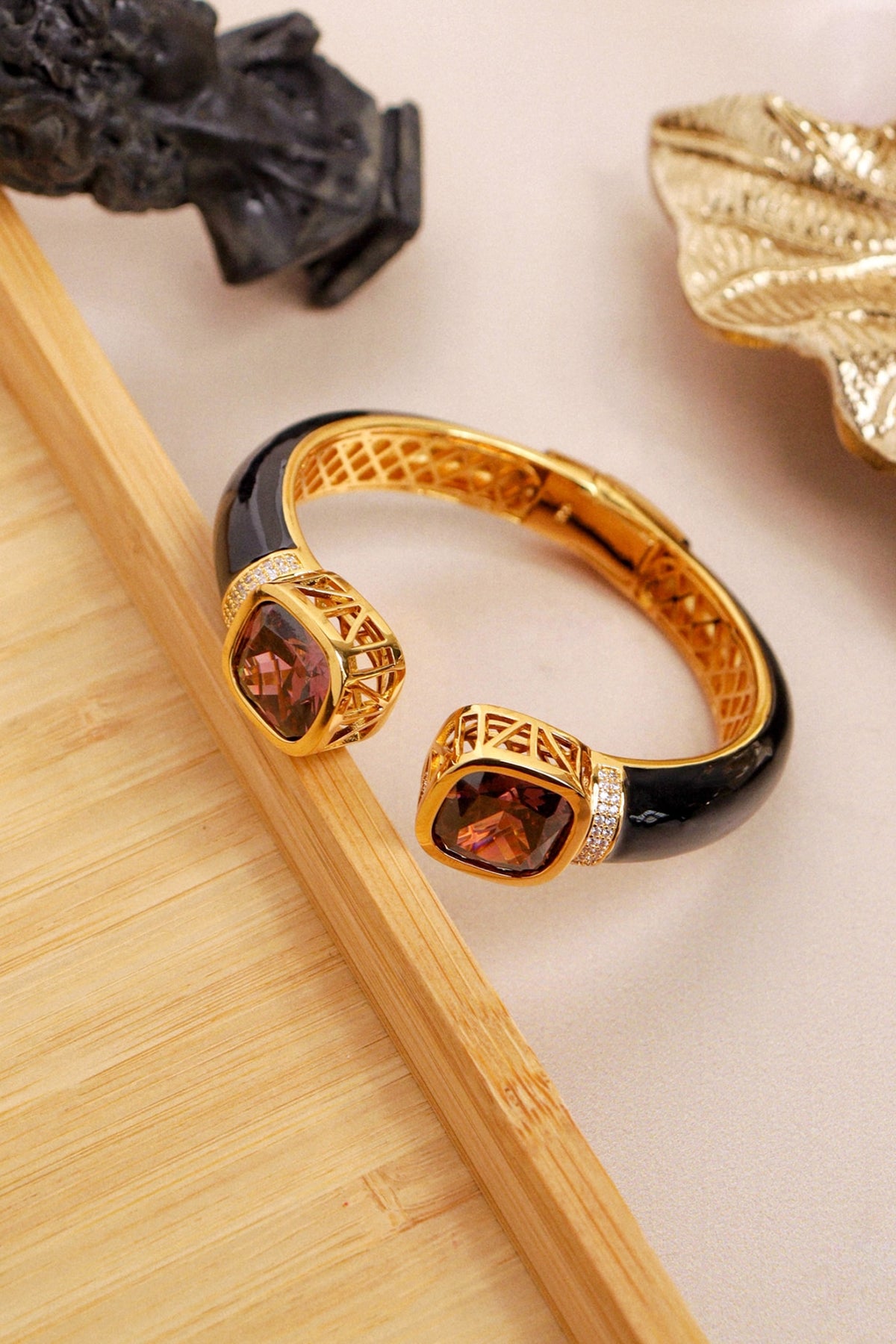 Gold Finish Black Enameled Cubic Zirconia Kada