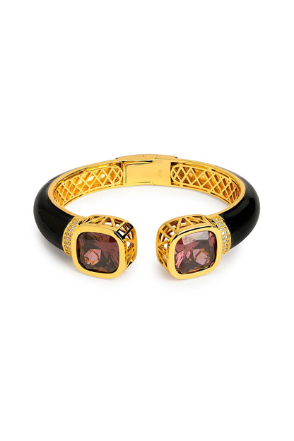 Gold Finish Black Enameled Cubic Zirconia Kada