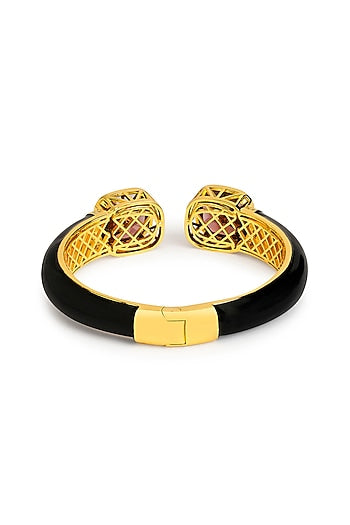 Gold Finish Black Enameled Cubic Zirconia Kada