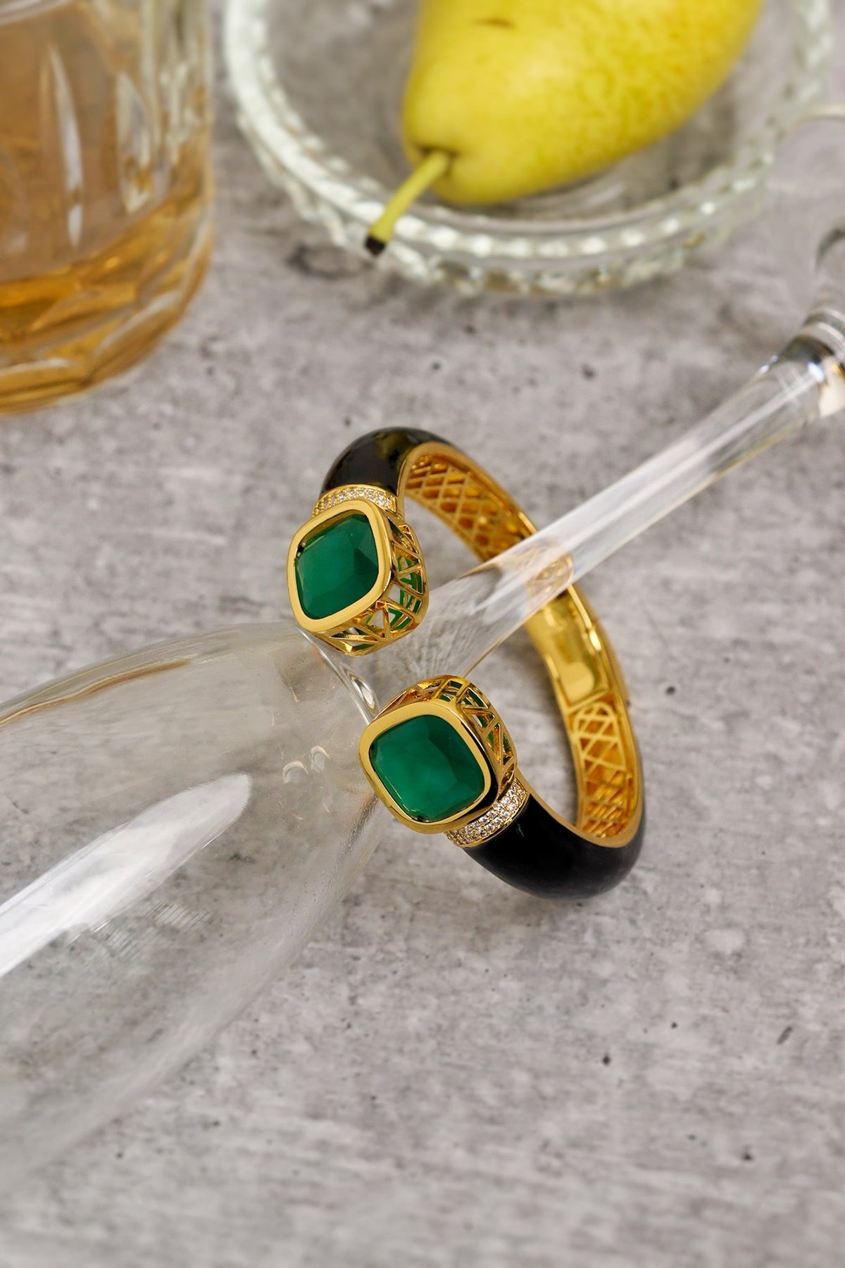 Gold Finish Black Enameled Cubic Zirconia Kada